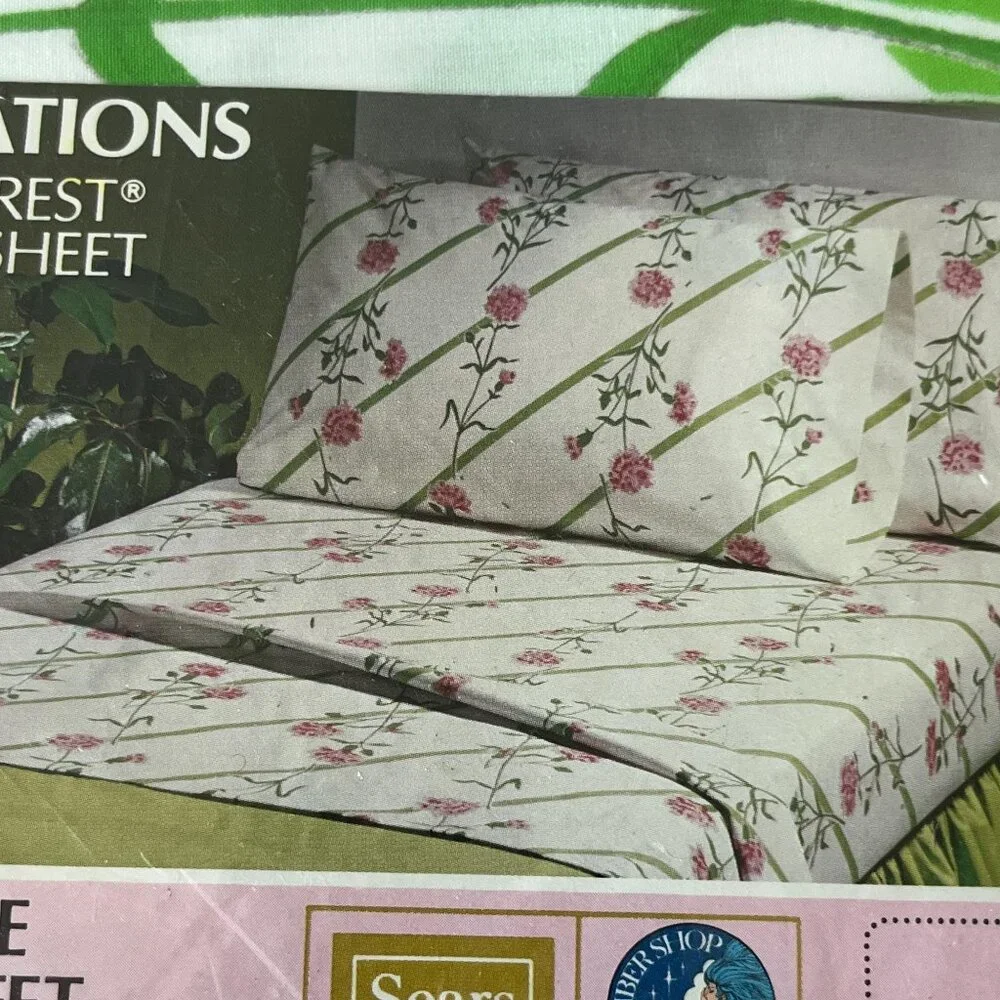 Vintage 70s CARNATIONS Full Flat Sheet // Sears // New in Package // Perma-Prest